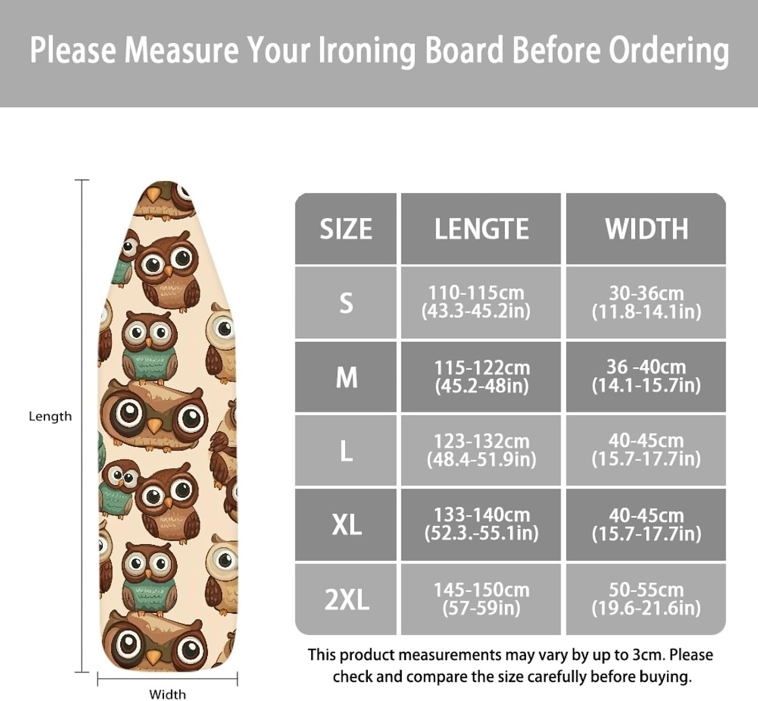Ironing Board Cover 14x48 Owl Brown Iron Board Cover with Padding Heat Reflective,Scorch Resistant Thick Padding,Snug Fit Non-Slip Nose Pocket Fastener Straps Elastic Edges