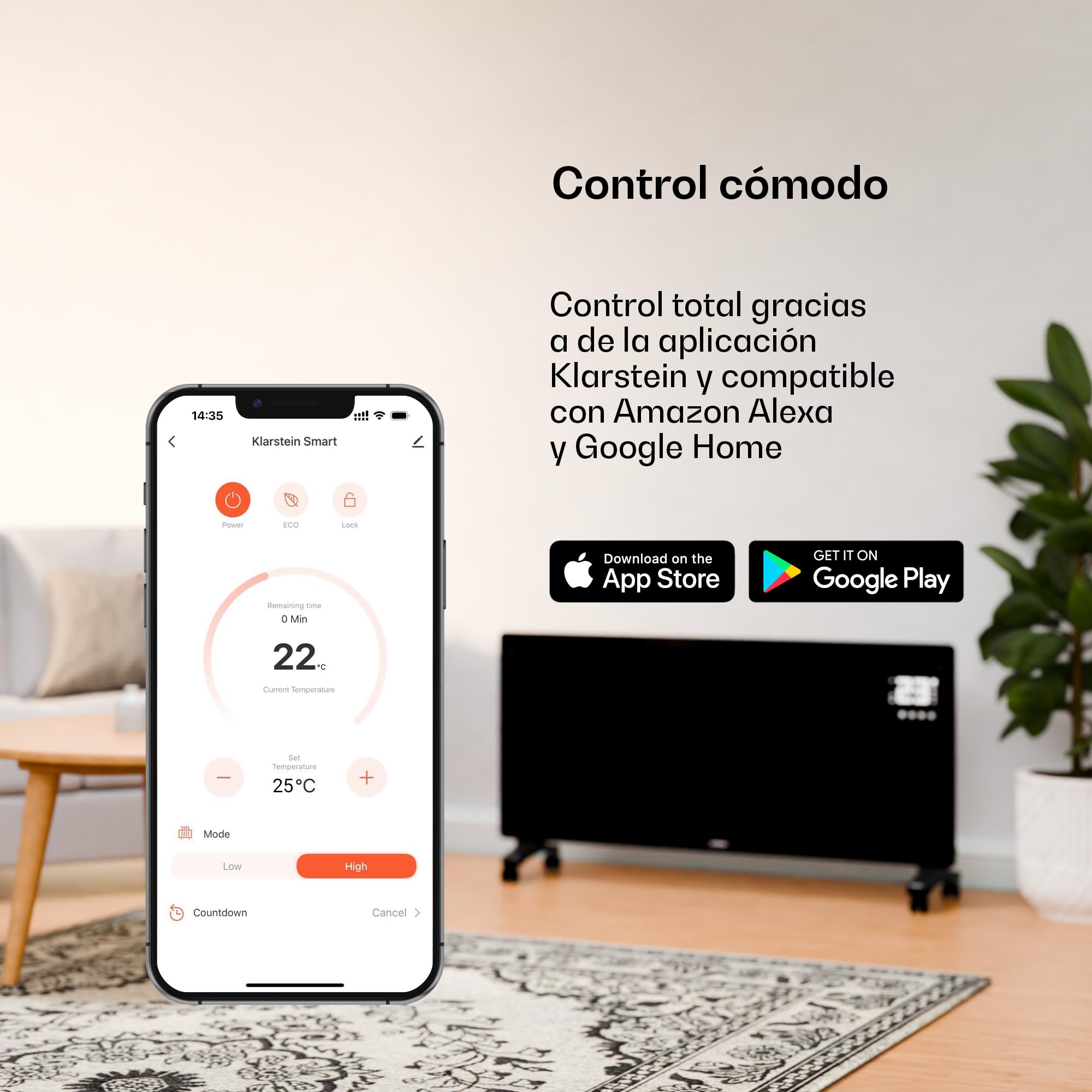 Klarstein Radiador Electrico Bajo Consumo, Estufa Pared 2500W con Ruedas, Radiadores Bajo Consumo Electricos para Pared o dejar de Pie, Fácil de Transportar, Calefacción Eléctrica