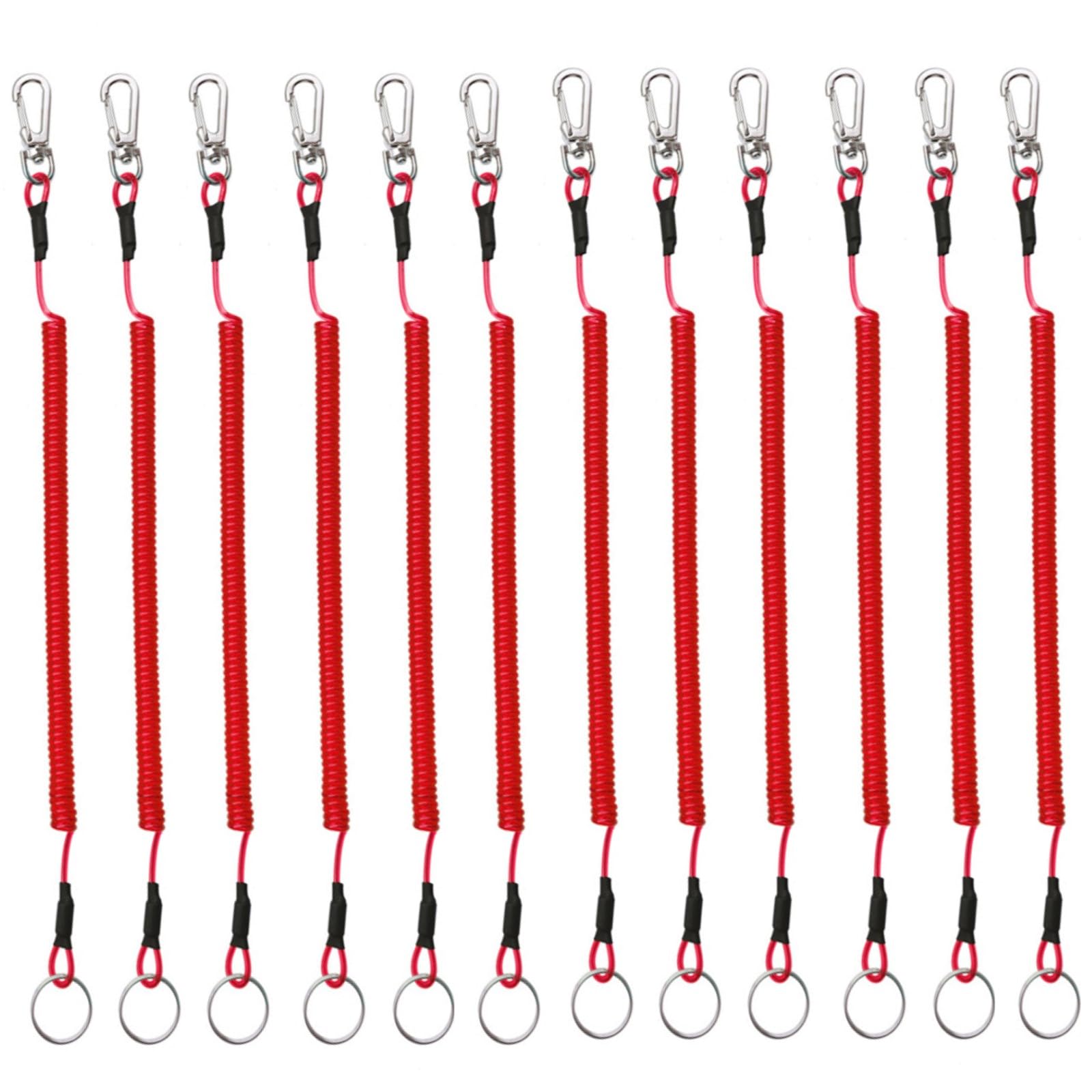 12PCS Fishing Lanyard Spiral Keyring Heavy Duty Retractable Coiled Tether with Carabiner and Split Ring for Pliers, Boating, Tools, Red