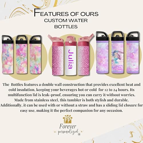 Miniatura 7 de Botella de agua personalizada aislada de 20 onzas  Botella escolar para niñas  Botella deportiva  Taza aislada de acero inoxidable  Botella de agua