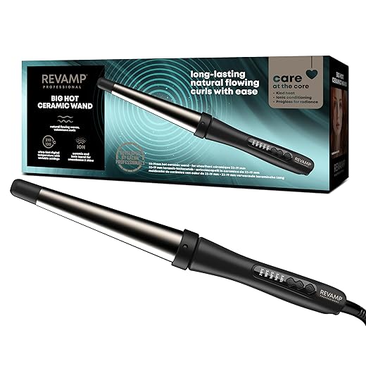REVAMP Progloss Big Hot Wand Rizador de Pelo Cónico - Tenacilla con Barril de Cerámica Grande para Rizos Y Ondas, Calentamiento Rápido, Temperatura Regulable, Apagado Automático, Black
