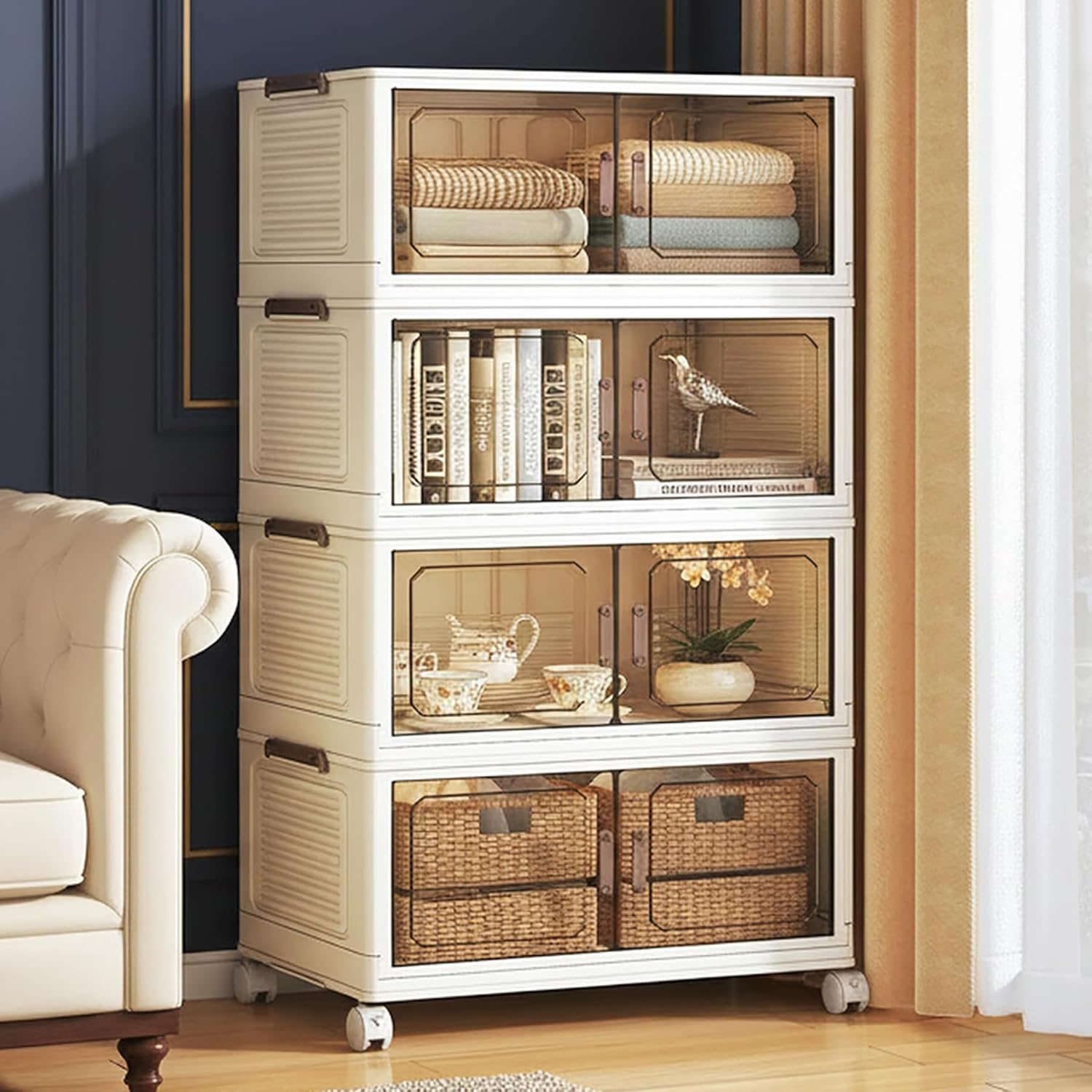 255QT Extra Large Lockable Stackable Storage Bins with Lids, 4-Tier Collapsible Plastic Storage Cabinet on Wheels, Foldable Closet Organizer for Blankets Bedroom Dorm Home Office Organization