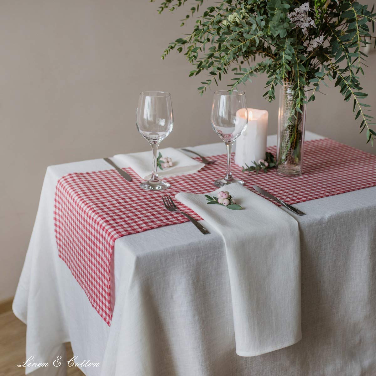 Linen & Cotton Tischläufer Estella - 100% Leinen, Weiß Rot, 40 x 300 | Stoff Tischdekoration Tischwäsche, Kariert Läufer Tisch Esstisch für Küche Haus Landhaus Festival Event Frühling Ostern