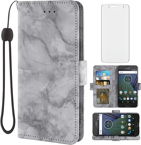 Asuwish Funda compatible con Moto G5 Plus y protector de pantalla de vidrio templado, con ranura para tarjetero, soporte para tarjetas, función