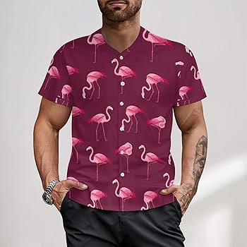 Amazon | カートゥーン フラミンゴ バード メンズ 野球シャツ