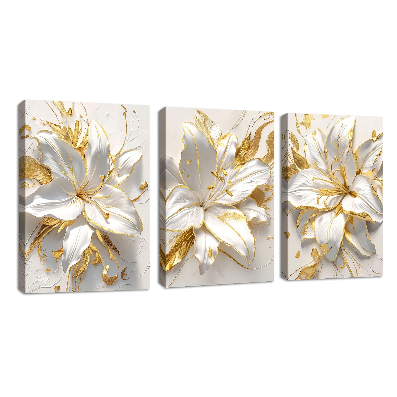 FajerminArt 3 Panels Modern Canvas Wall Art Navy Blue Gold Flowers Coconut Leaves Pictures Painting on Canvas Prints for Living Room Bedroom Office Wall Decoration Stretched On Frame 30x40cmx3 Pcs — view 31
