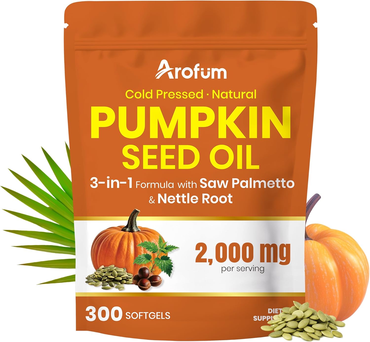 Pumpkin Seed Oil with Saw Palmetto & Nettle Root – 2000 mg per Serving, 300 Softgels for Hair Vitality Support, Herbal Blend for Daily Wellness, Plant-Based & Gluten-Free