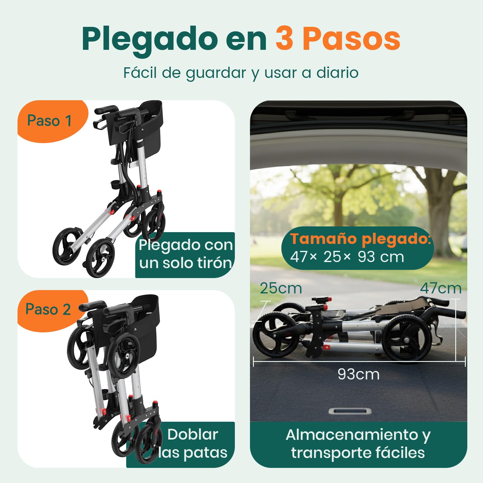 Andador con asiento, Andador de 4 ruedas plegable para adultos, Soporta hasta 136 kg, Sistema de doble freno, Ruedas de 8"", 6 niveles de altura ajustable, Bolsa extraíble y Respaldo – Plata