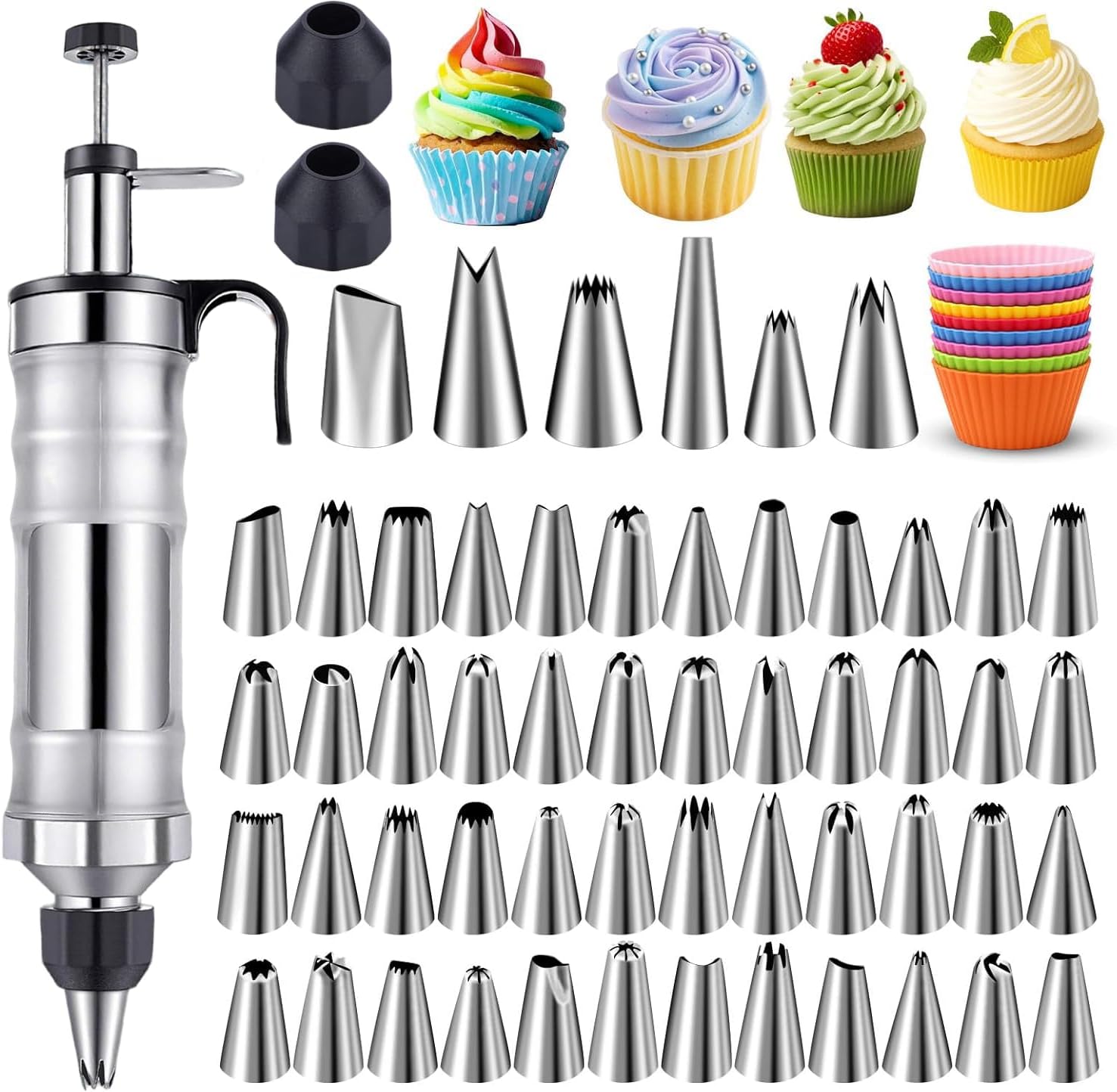 NOVANO Dessert Decorating Syringe Set, Frosting Piping Kit Stainless Steels Cake Decorating Kit with 54 Piping Tips & 9 silicone cupcakes, Cupcake Decorating Kit Piping Bags and Tips Set (Black)