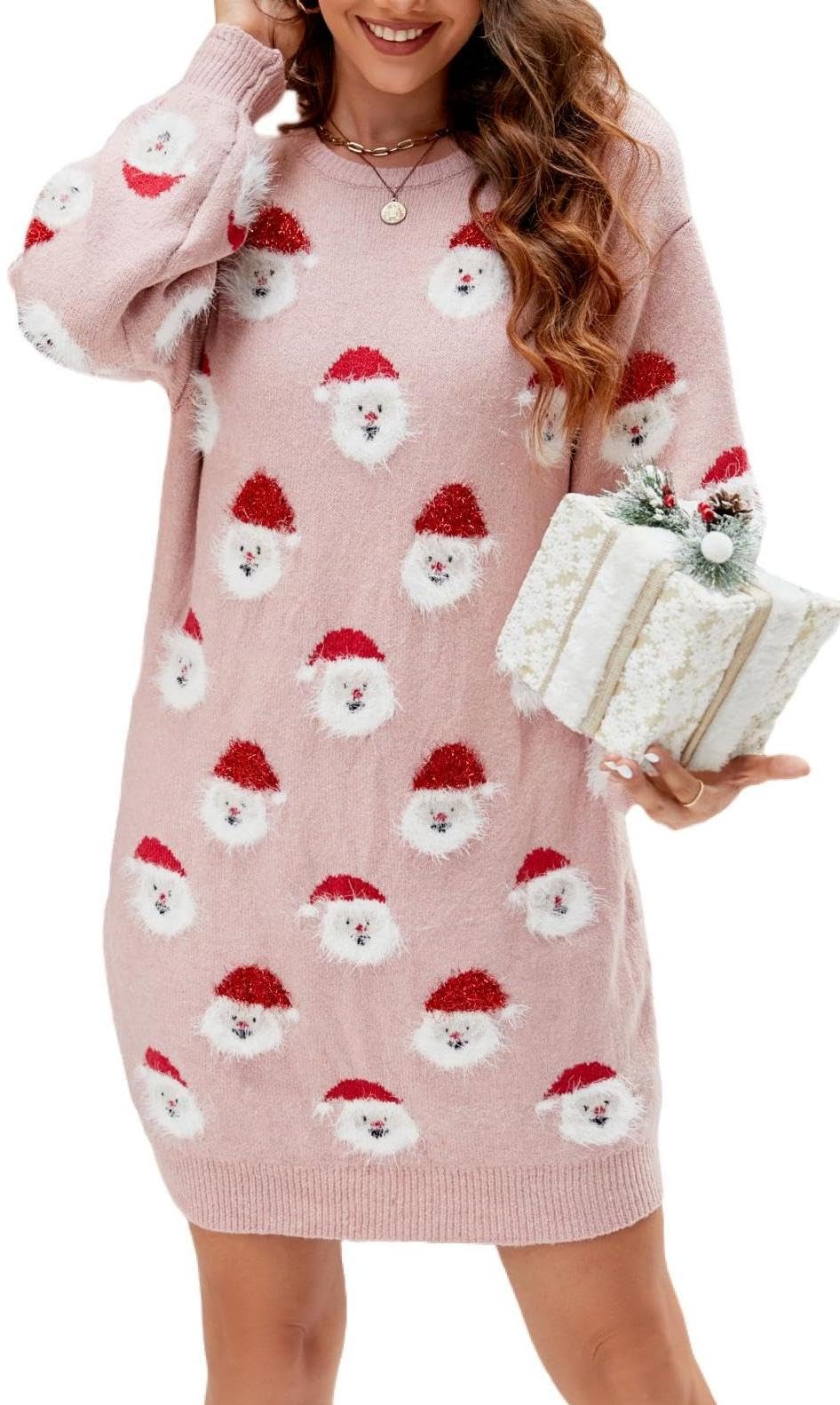 LUBOT Ugly Christmas Sweaters Dress for Women Cute Fuzzy Funny Wintertime and Holiday Parties Knitted Pullover Sweater Santa