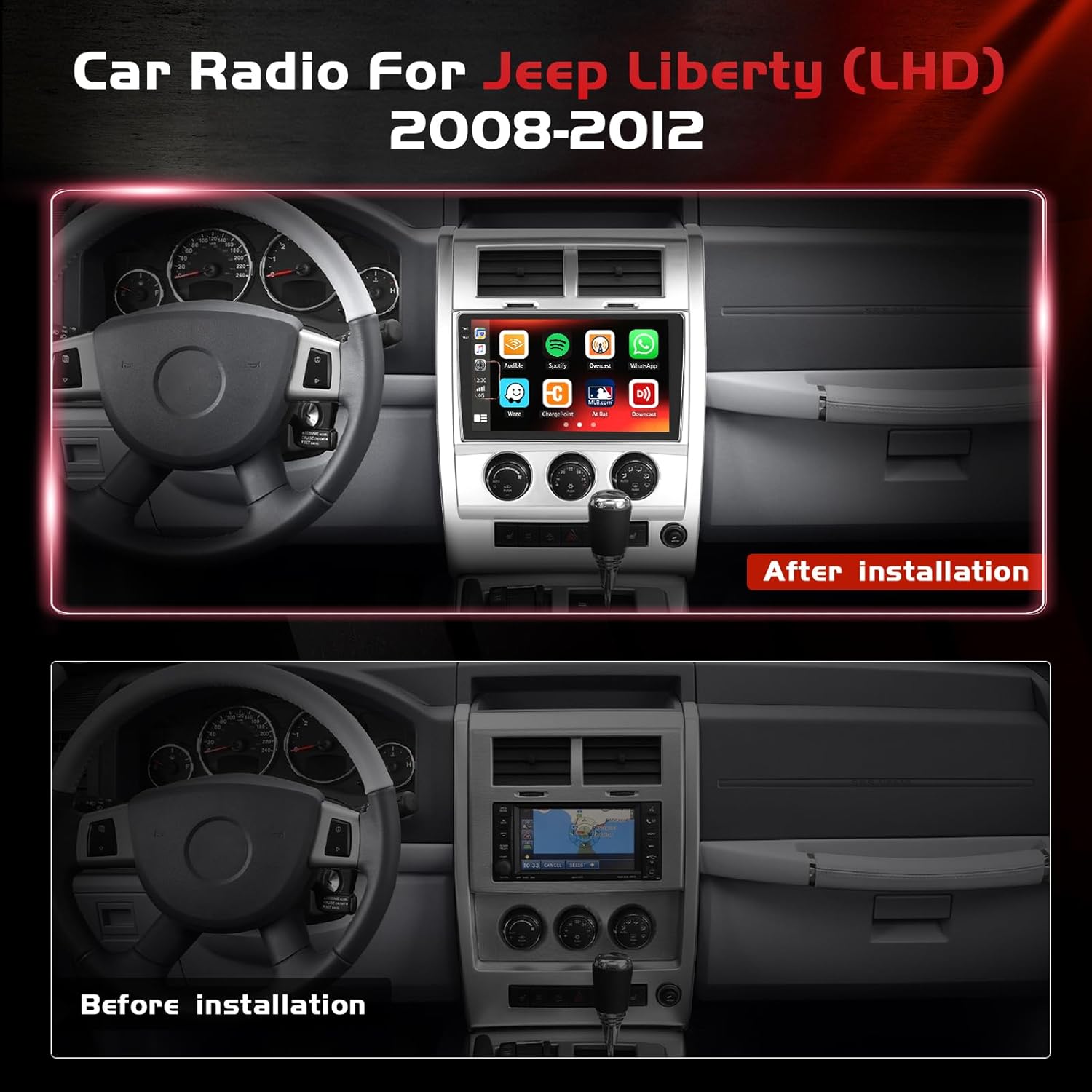 4+64GB Android 15 Car Radio for Jeep Liberty 2008-2012 with Wireless Carplay Android Auto, Realdio 10.1" in-Cell Touch Screen WiFi Bluetooth5.0 GPS SWC FM/RDS EQ + Backup Camera MIC