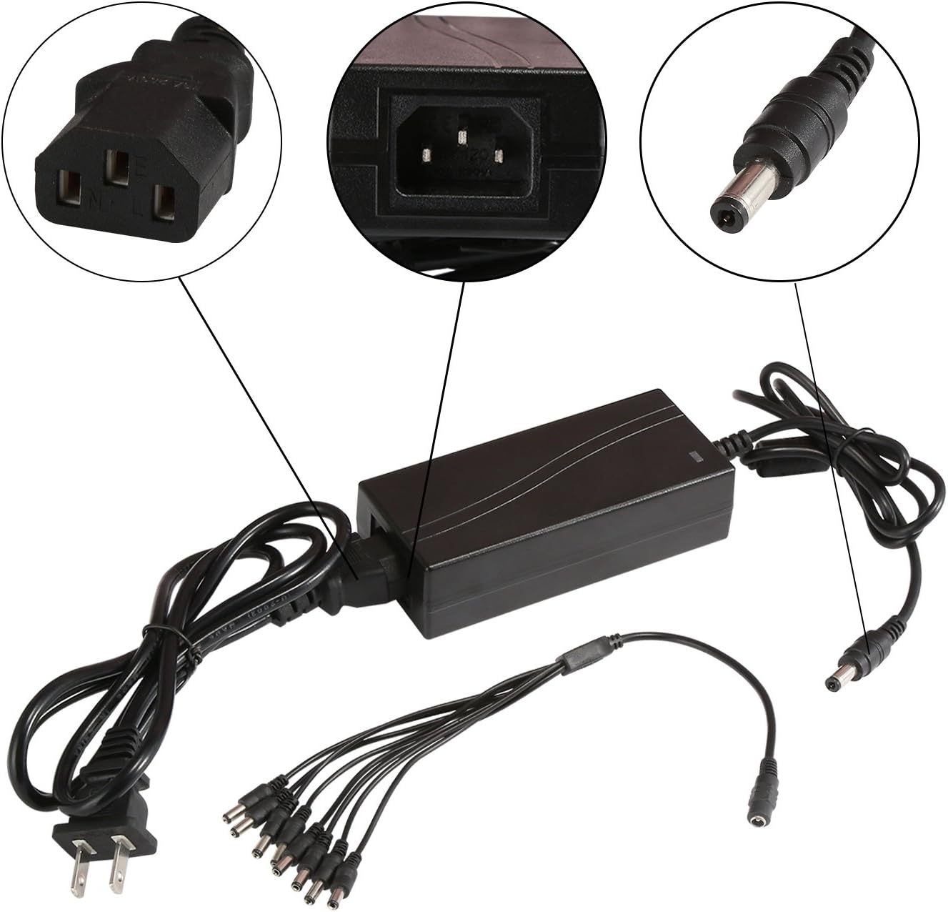 HISVISION Security Camera Power Adapter 12V 5A 100V-240V AC to DC 2.1x5.5mm w/ 8-Way Power Splitter Cable Power Supply-Fits DVR/NVR/AHD/TVI Security System, LED Strip Lights