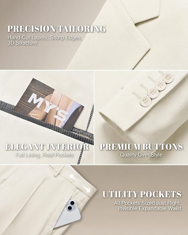 MY'S Men's 2 Piece Suit with Tie, 2 Button Slim Fit Solid Jacket & Pants Set, Suits for Men at Party Prom Wedding & Business, Cream by MY'S - Used condition - Image 4