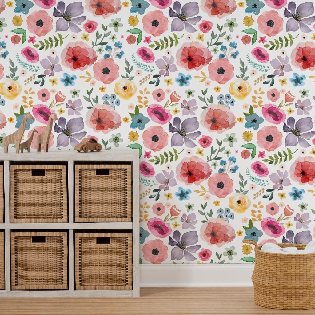 Peel & Stick Wallpaper 3ft x 2ft - Floral Fiesta Flowers Bright Red Blue Yellow Boho Custom Removable Wallpaper by Spoonflower