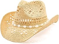 WQWOVRVO Straw Cowboy Cowgirl Hat for Women Men - Wide 3.5" Shapeable Brim, Breathable Western Sun Hat White Black