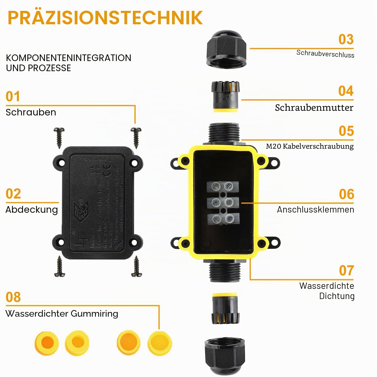 IP68 Wasserdichte Kabelanschlussdose, 2-Wege I-Form Outdoor Kabelverbinder, Abzweigdosen Wasserdicht Verteilerdose, Anschlussdosen, Kabelboxen, für 4-12 mm Kabel M20, Schwarz