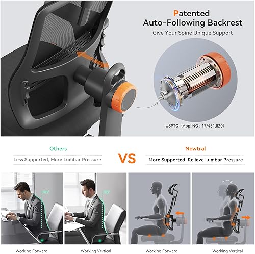 Miniatura 7 de Silla ergonómica de oficina en casa, silla de escritorio de respaldo alto con soporte lumbar adaptativo único, reposacabezas ajustable, ajuste de