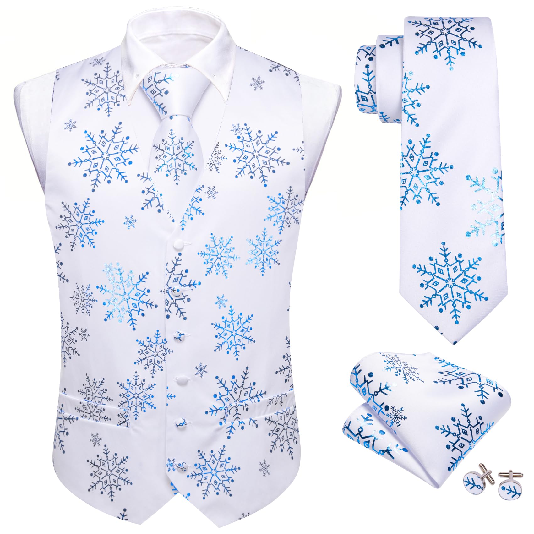 Barry.Wang Men Christmas Vest White Blue Xmas Snowflake Holiday Suit Waistcoat Tie Set New Year Party