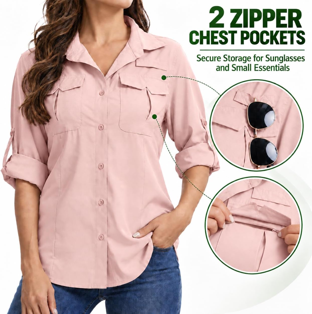 Women's UPF 50+ Safari Shirt, Quick Dry Long Sleeve Button Down