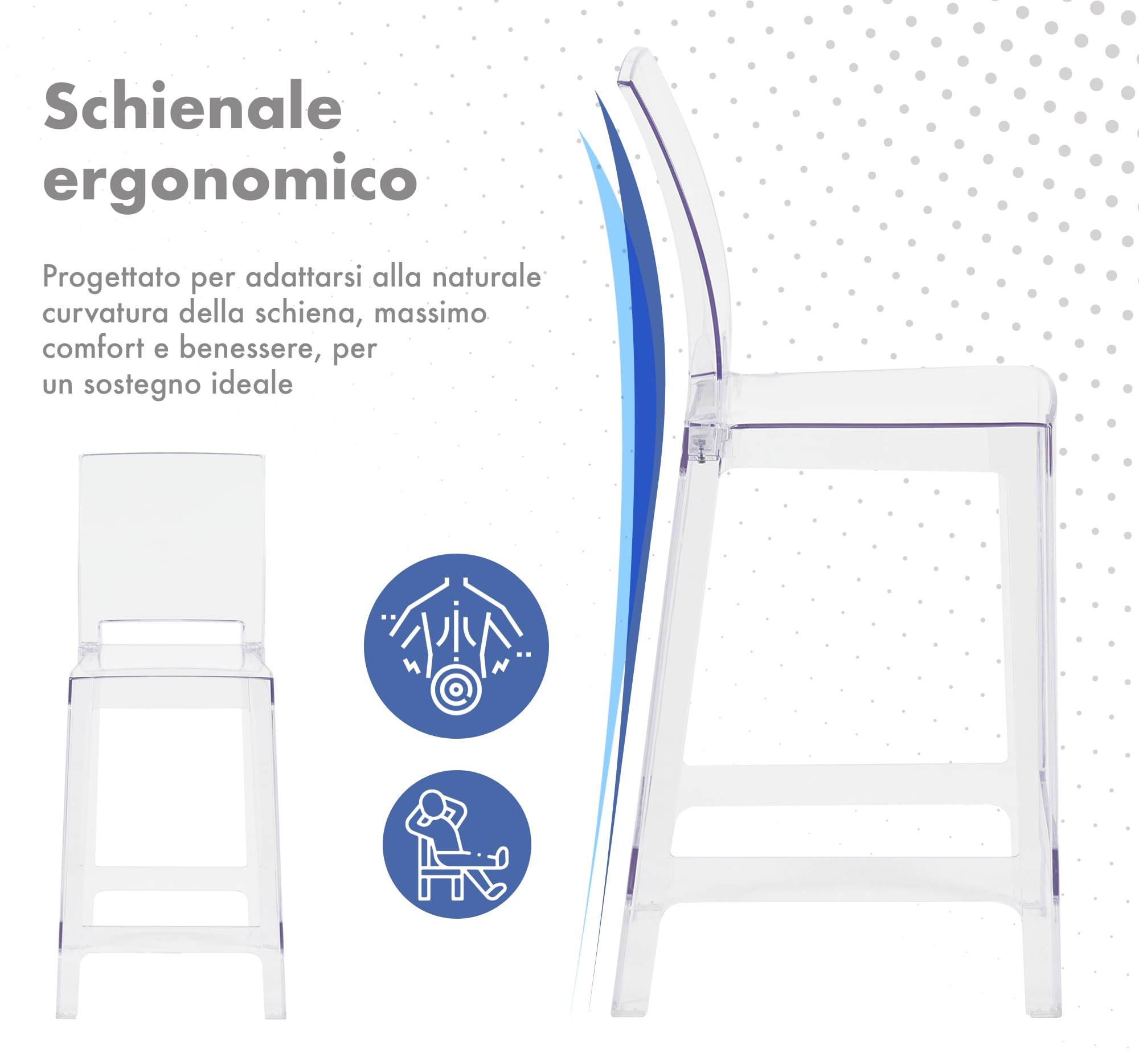 IlGruppone Set di 2 Sgabelli Cucina Trasparenti in Policarbonato Sgabello da Bar Seduta Ergonomica Resistenti Design Moderno Schienale Incurvato Sedie Penisola Cucina