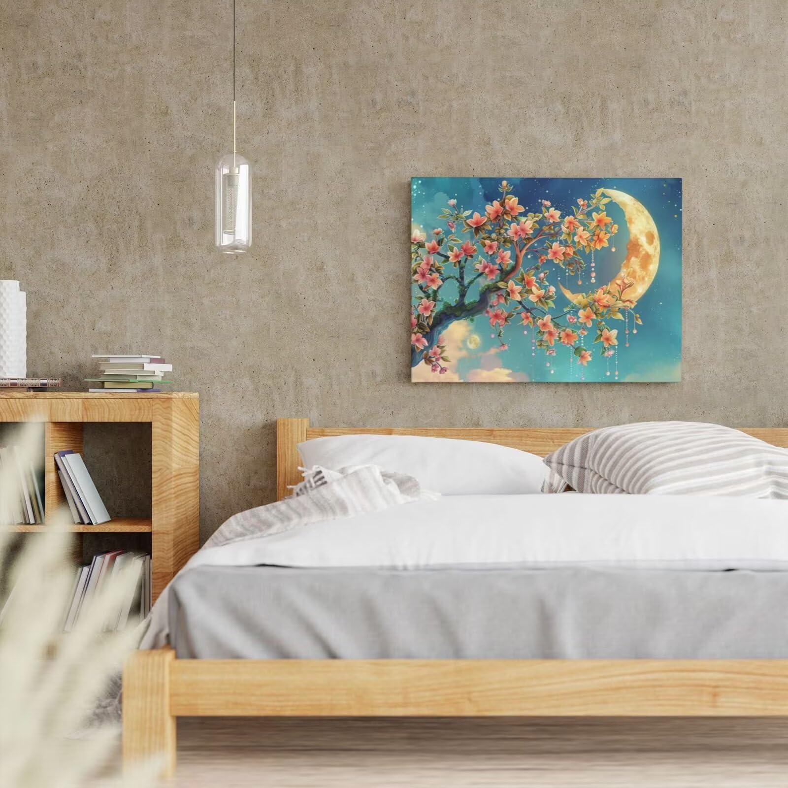 Kit per pittura con numeri per adulti, motivo: luna, albero con numeri per principianti, pittura acrilica con 6 pennelli, kit di pittura a olio per decorazione da parete, 95 x 70