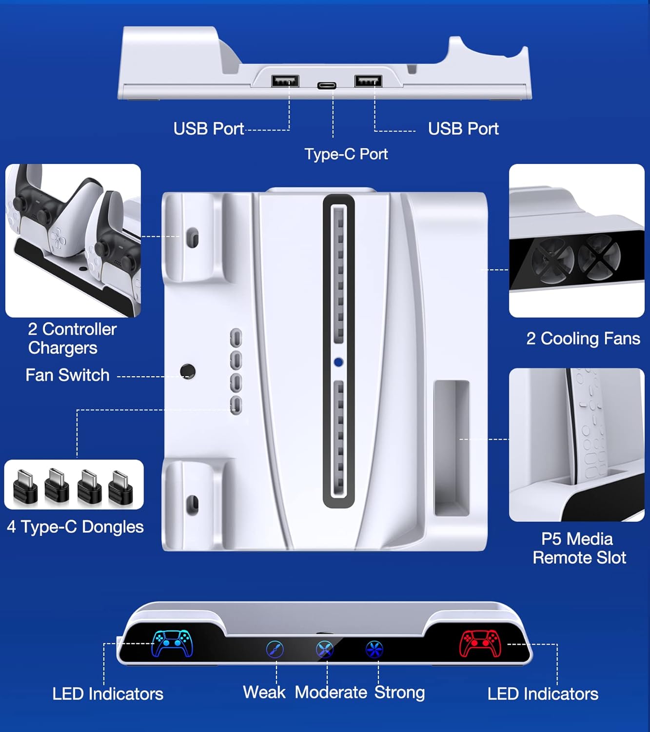 CYKOARMOR PS5 Cooling Station with Dual Fast Controller Charger for P5 Console, PS5 Accessories Vertical Base with Cooler Fan, PS5 Stand with Charging Dock and 13 Game Holder Storage White