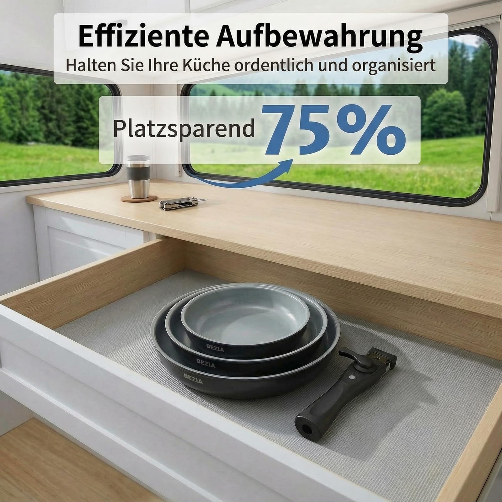 BEZIA Pfannenset mit Abnehmbarem Griff, Camping Bratpfannen Set Keramik-Antihaftbeschichtung Pfannen Induktion für Wohnmobil & Kleine Küche, Stapelbar, Ofenfest, PFAS-frei, 20+24+28 cm