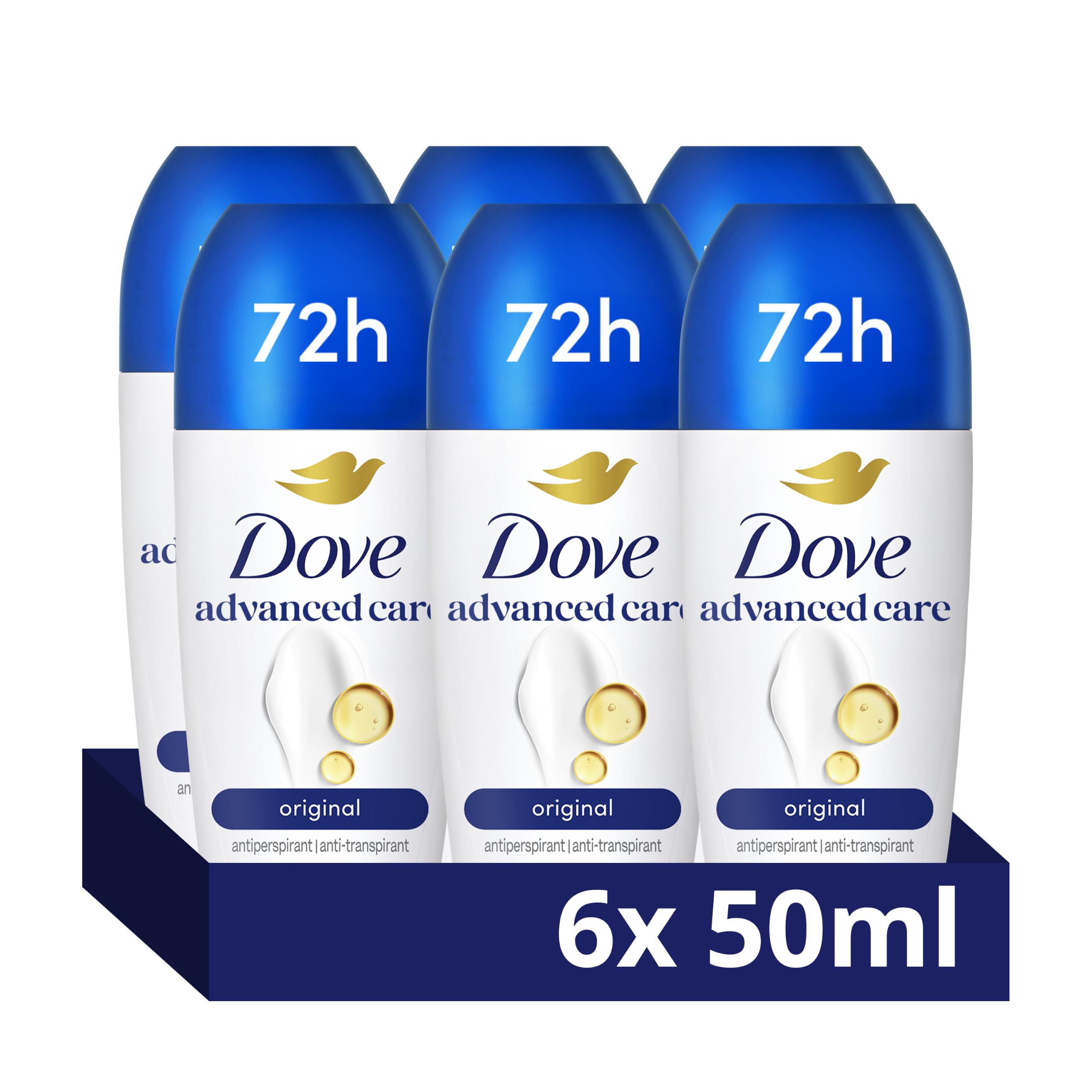 Dove Advanced Care Original Anti-perspirant Deodorant pack of 6 with Triple Moisturising technology roll-on for 48 hours of protection 50 ml