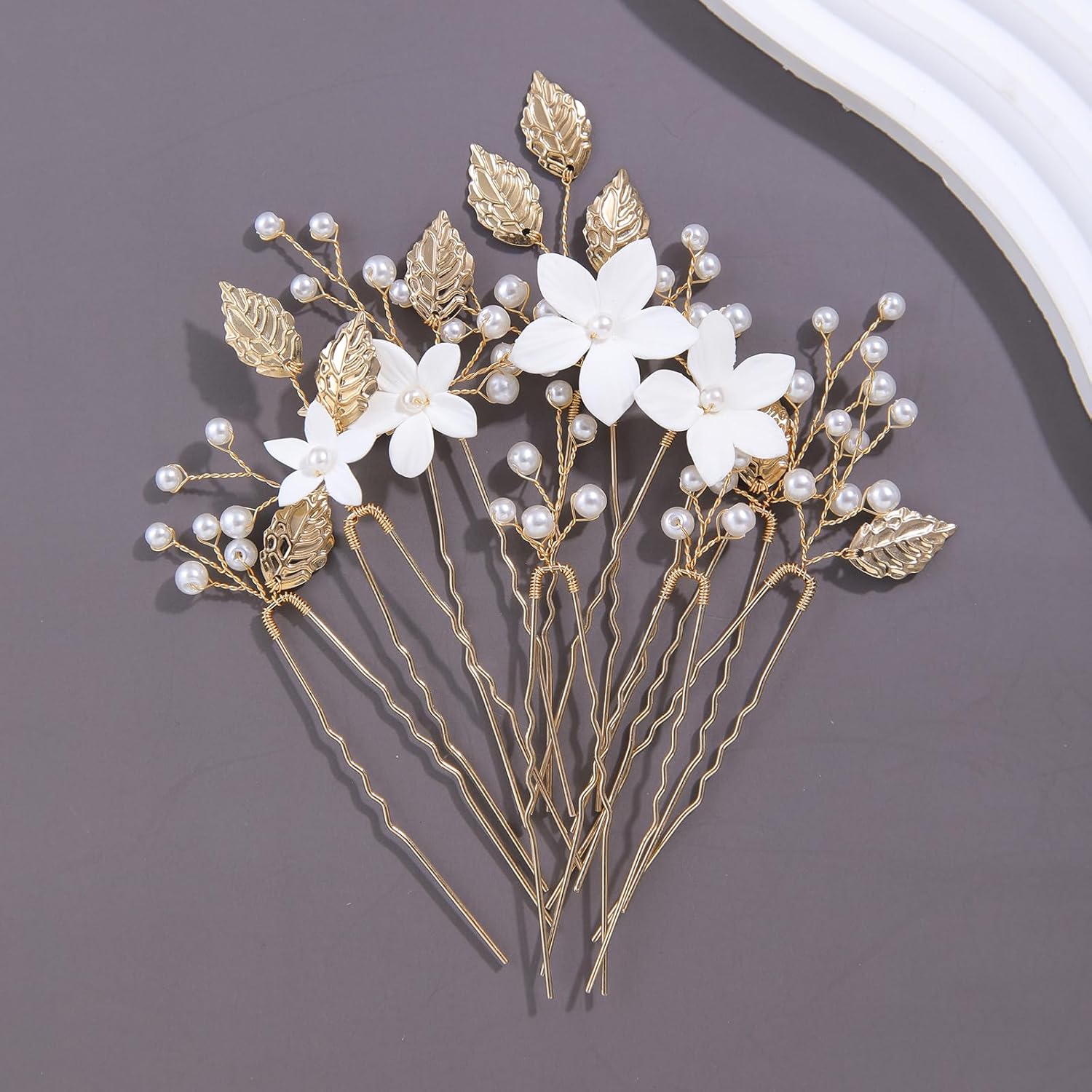 Handmade Pearl Bridal Wedding Hair Pins 9Pcs White Flower Gold Leaf Pearls Clips Bridal Hair Accessories for Women Brides Bridesmaid - Image 2