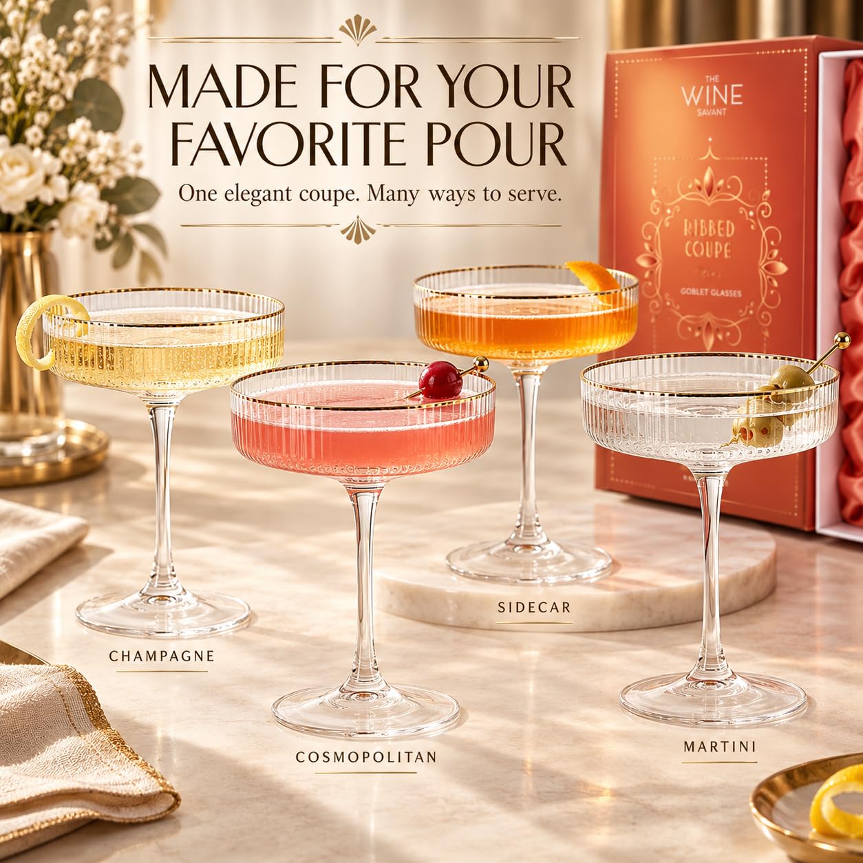 Gold Rim Martini Glasses - Set of 4 -5 Gold Rim Martini Glasses - Set of 4 -5