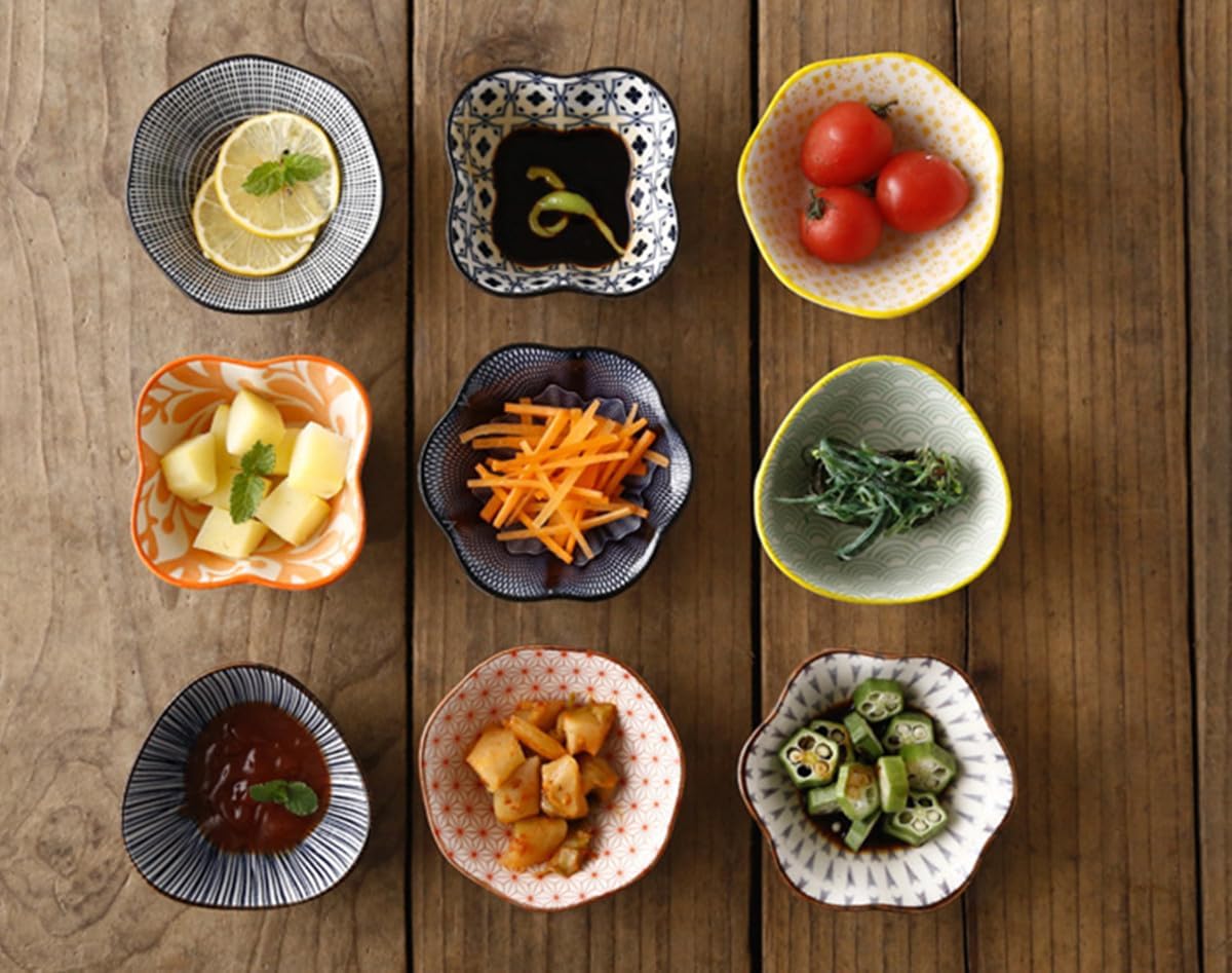 Vzqrセラミックディップボウルセット 小皿 豆皿 副菜皿 蓋付き竹製トレイ付き 和食器 焼肉屋 寿司屋用 仕切りトレー デザート