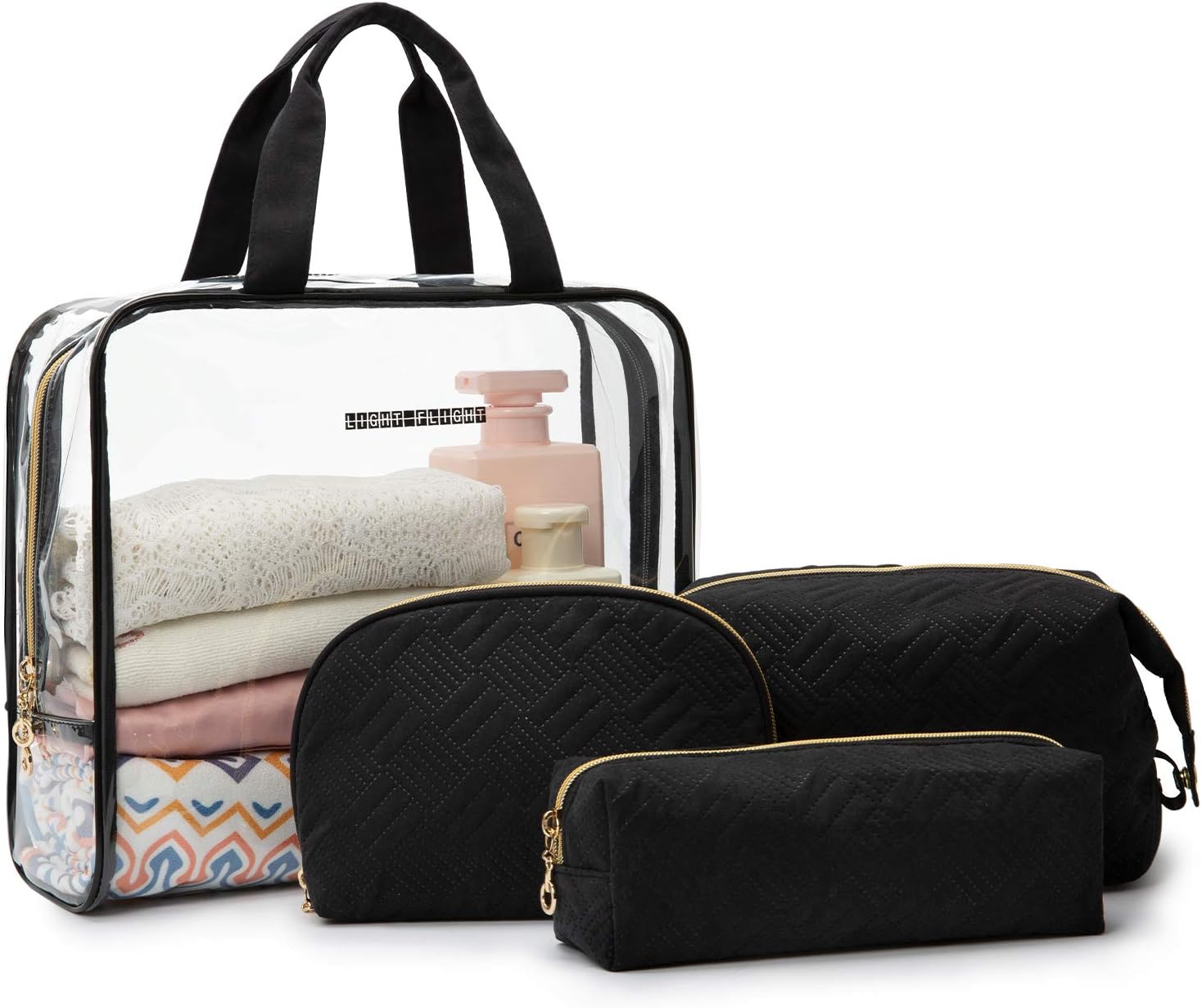 LIGHT FLIGHT Women's Toiletry Bag - 4-in-1 Makeup Bags, Travel Makeup Organizer, Clear PVC Cosmetic Bag, TSA Approved Travel Makeup Pouch, and Travel Bag (Black)