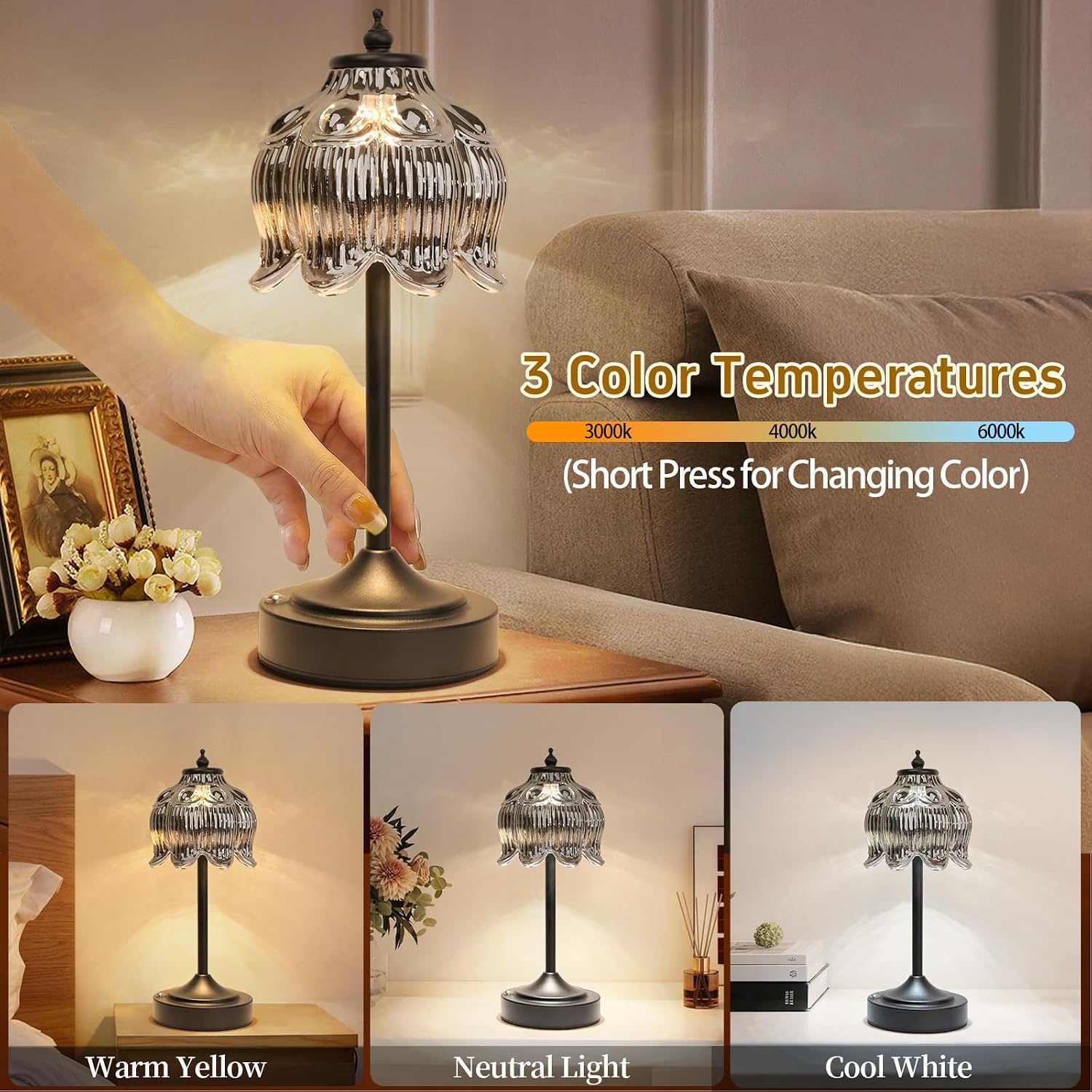 Cordless Table Lamp, Rechargeable Black Glass Lotus Flower Lamp image 3