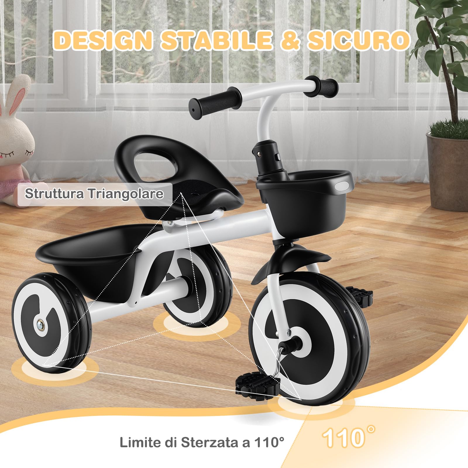 RELAX4LIFE Triciclo per Bambini da 1,5 a 5 Anni con, Sedile Regolabile, Ruote in EVA Silenziose e Resistenti, Cestino Portaoggetti, per Interno ed Esterno