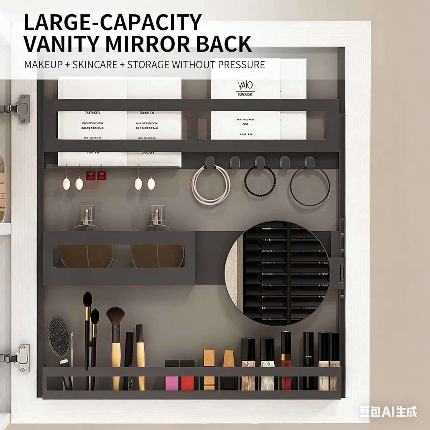 Wall Mounted LED Bathroom Cabinet, Multi-Layer Solid Wood Bathroom Storage Cabinet with Heated Anti-Fog Mirror, Temperature & Date Display, Modern Bathroom Organizer