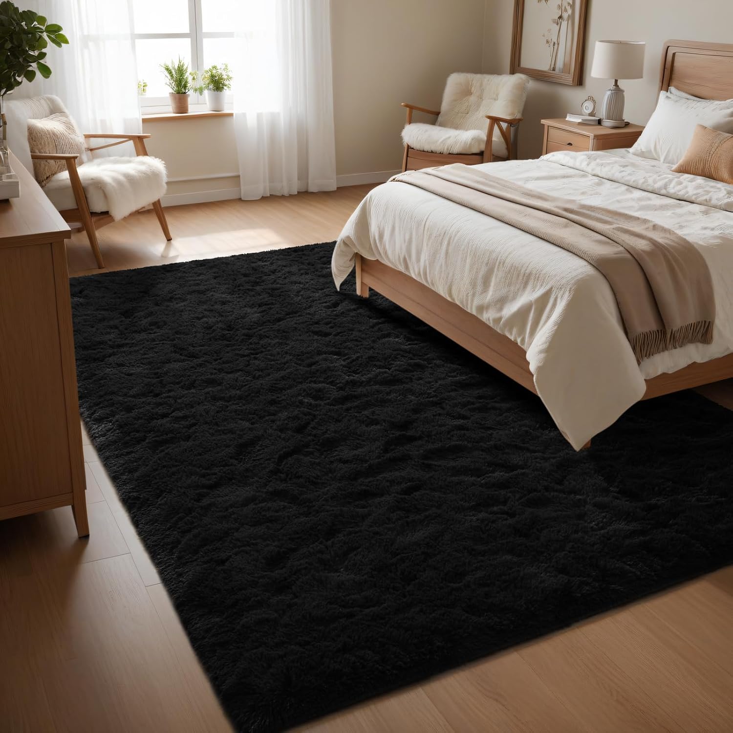 Macgace Fluffy Area Rugs for Bedroom Decor Aesthetic, 4x6 Black Shag Rug with Non-Slip Dots for Living Room, Furry Plush Mat Washable Fuzzy Carpet Modern Home Decor for Kids Nursery Boys Room