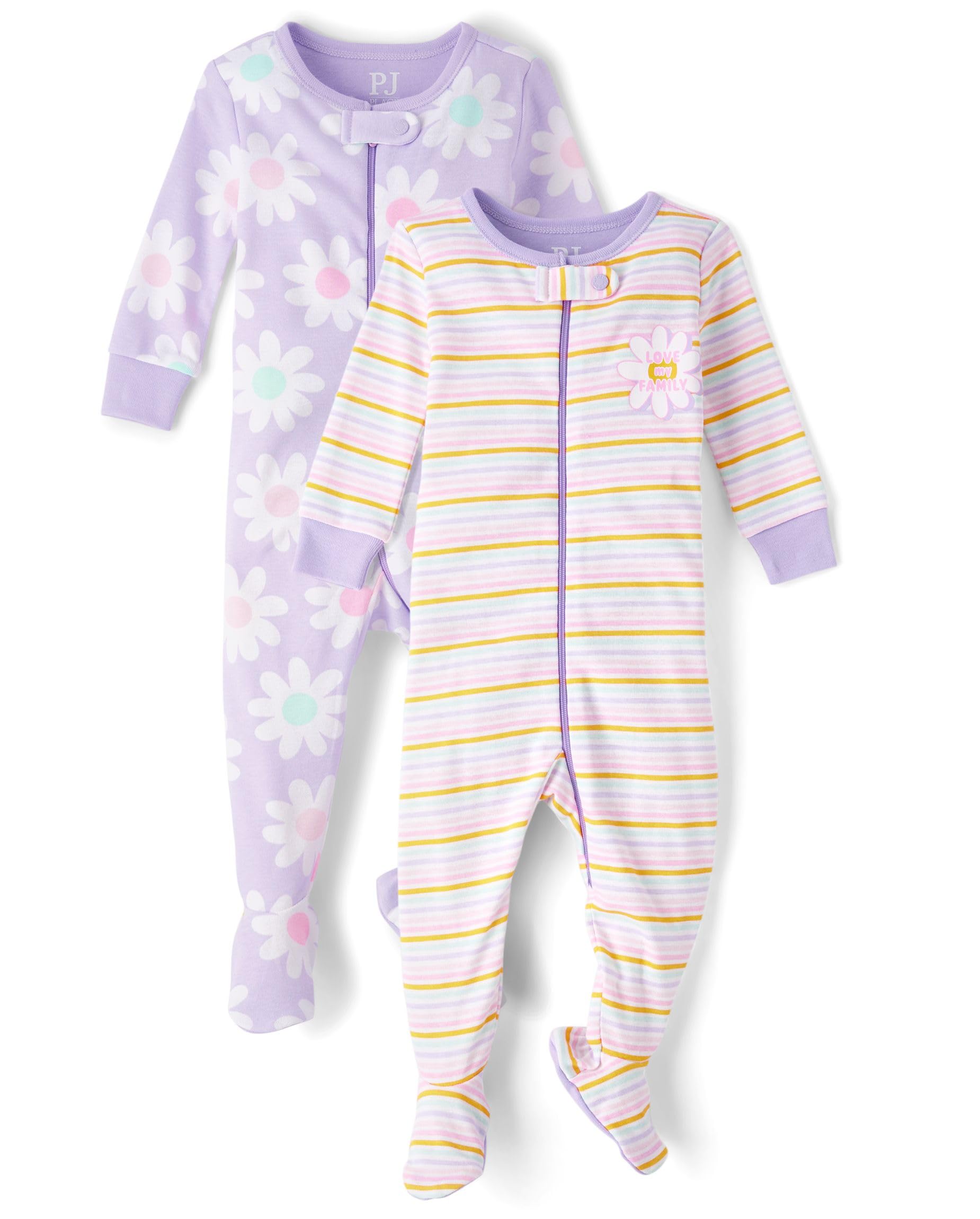 The Children's Place,Baby Girls,and Toddler Long Sleeve 100% Cotton Zip-Front One Piece Footed Pajama,Purple Floral/Purple Stripes 2-Pack,18 Months,24 Months