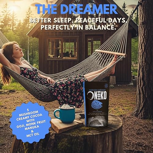 Miniatura 8 de ONIIKO Cacao de hongos prémium con 5 extractos de hongos, bayas de Goji, fruta de monje y aceite MCT para relajación, desestresar y dormir mejor,