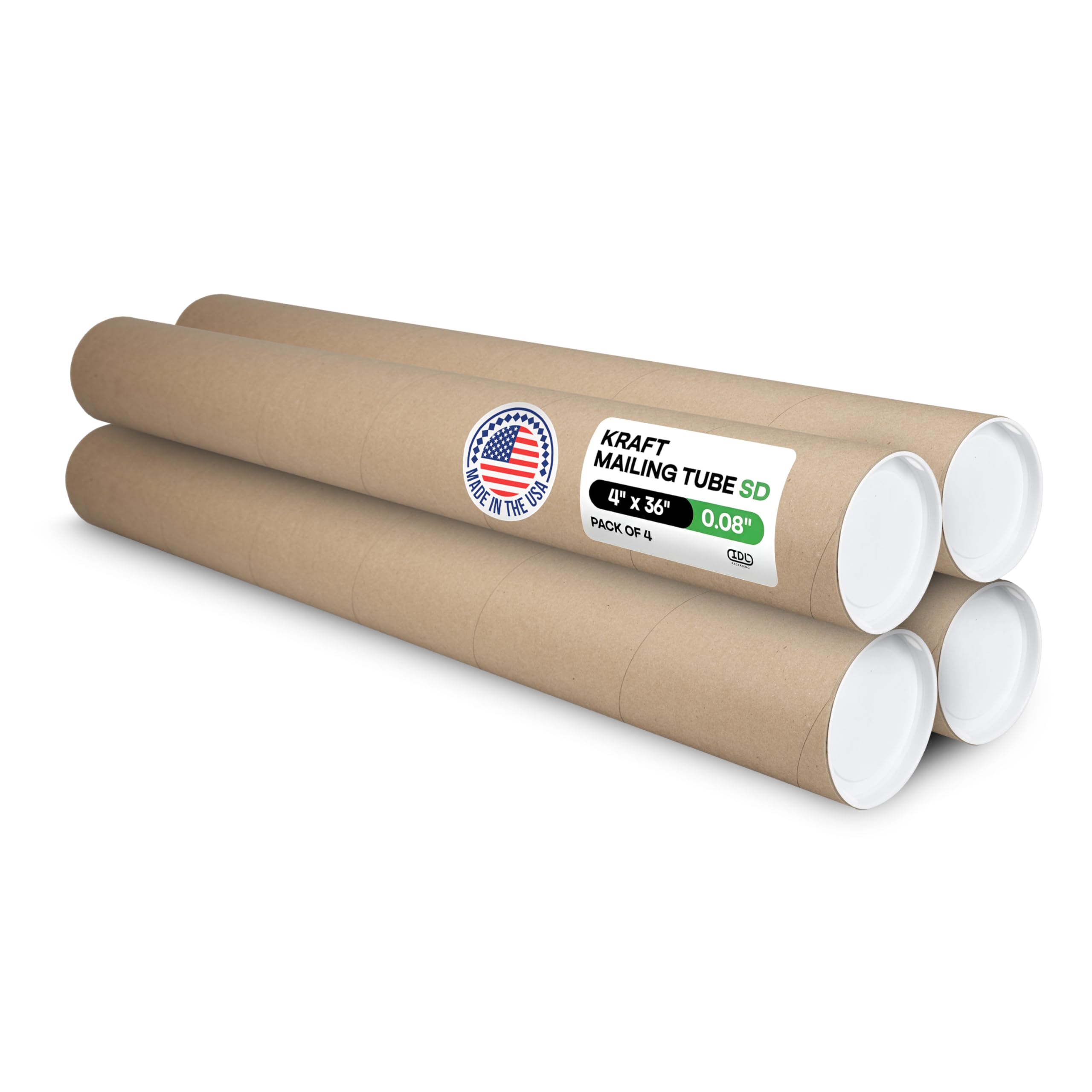 Cardboard Mailing Tubes, 4" x 36" with Plastic Caps, Pack of 4 - USA-Made USPS Approved Poster Tube for Documents & Blueprints - Reinforced Mailing Cylinders for Shipping & Storage by IDL Packaging