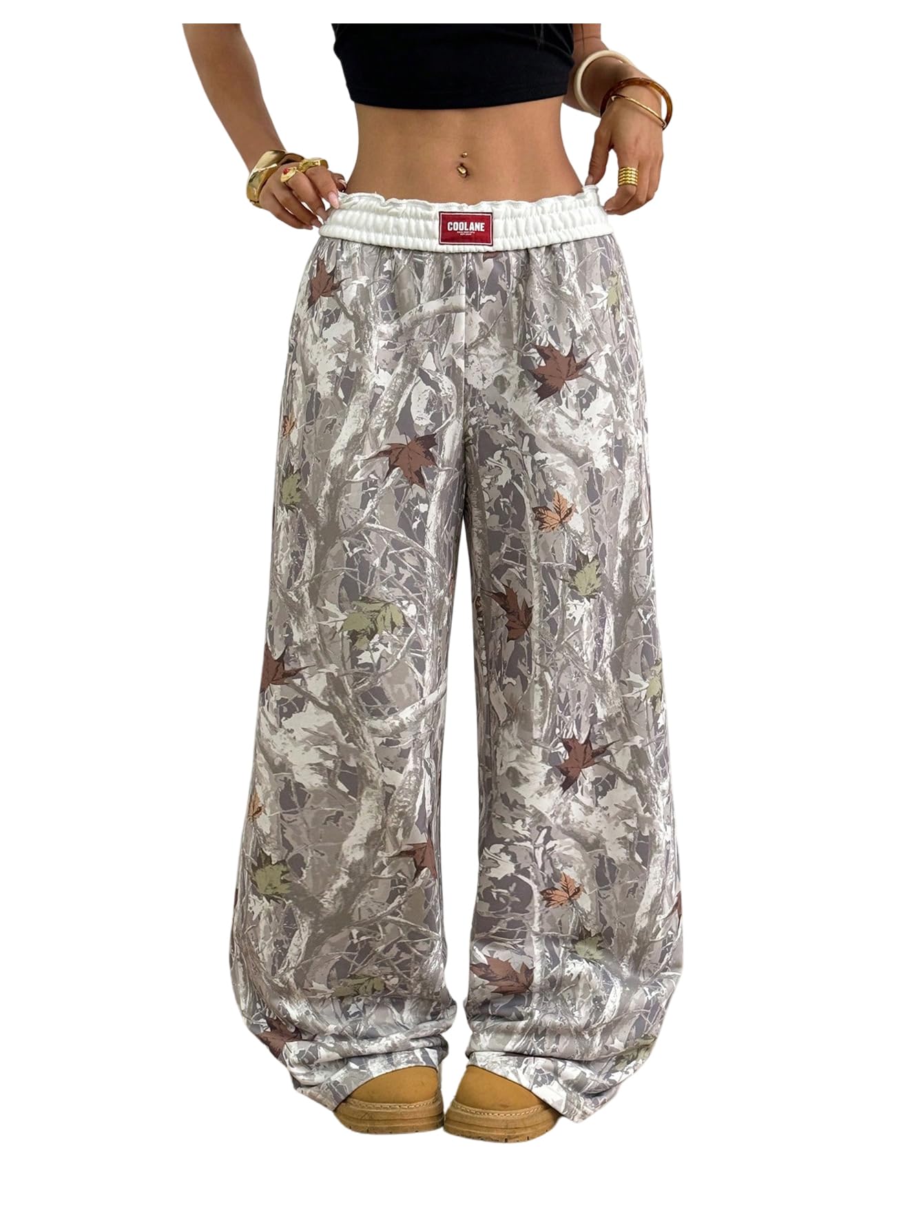 RoseSeek Women's Letter Leopard Print Y2K Straight Elastic Waist Leg Pants