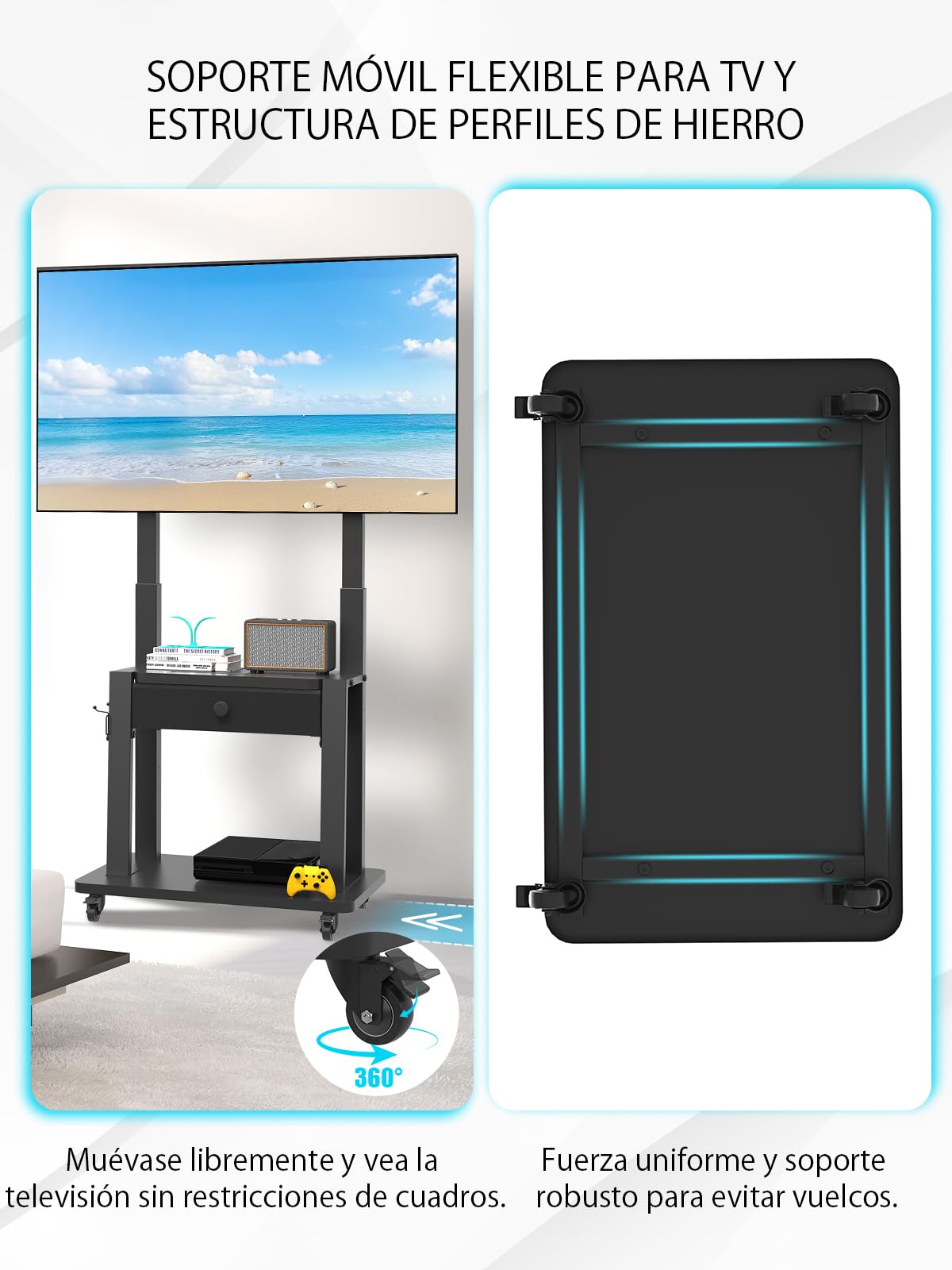 Soporte de TV rodante con cajón de Tela para Pantalla Plana/Curvada de 32-75" de hasta 220 Libras LCD/LED/OLED, Altura Ajustable, Carrito de TV móvil con Ruedas para Oficina en casa al Aire, Negro