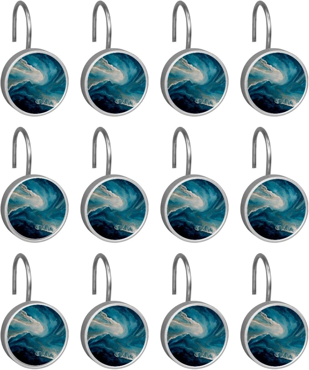 12PCS Abstract Ocean Waves Blue Shower Curtain Hooks Rings for Bathroom, Decorative Shower Curtain Hooks Rods Curtains and Liner