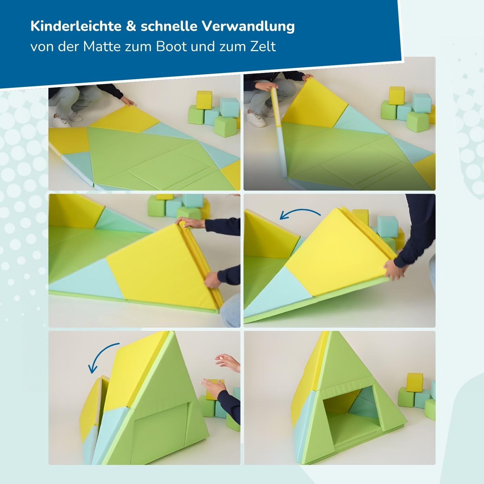 alldoro Faltbare Spielmatte 3-in-1, Krabbelunterlage, Tipi-Zelt & Spielboot | abwaschbares Kunstleder, weich gepolstert, 182 x 105 cm, Krabbelunterlage, Tipi-Zelt & Spielboot, Für Kinder ab 0 Jahren