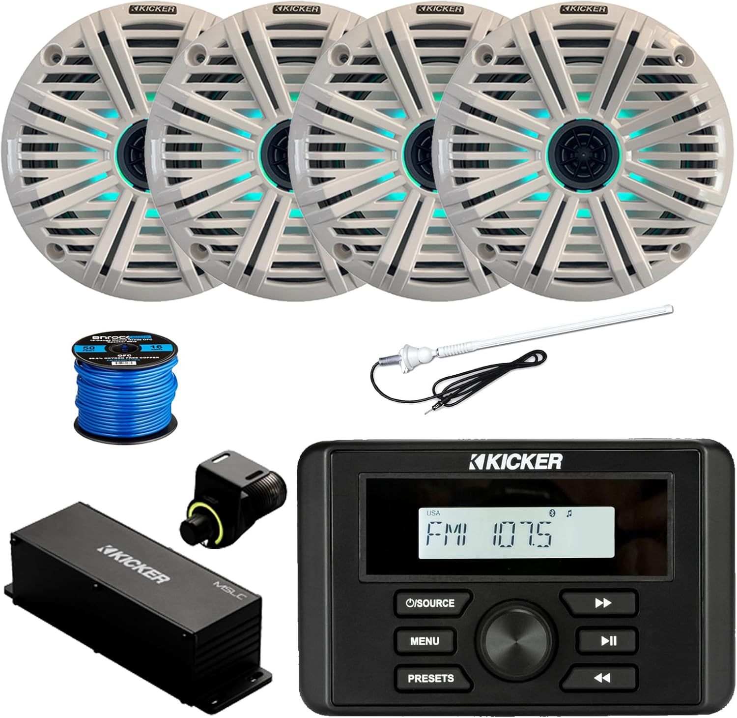 Kicker 46KMC3 Marine Gauge-Style Bluetooth Digital Media Receiver, 4X 6.5 195 Watt Max Multicolor LED Audio Speakers, Grilles, Wired Controller, Antenna w/Wire (White Salt Water Grille)