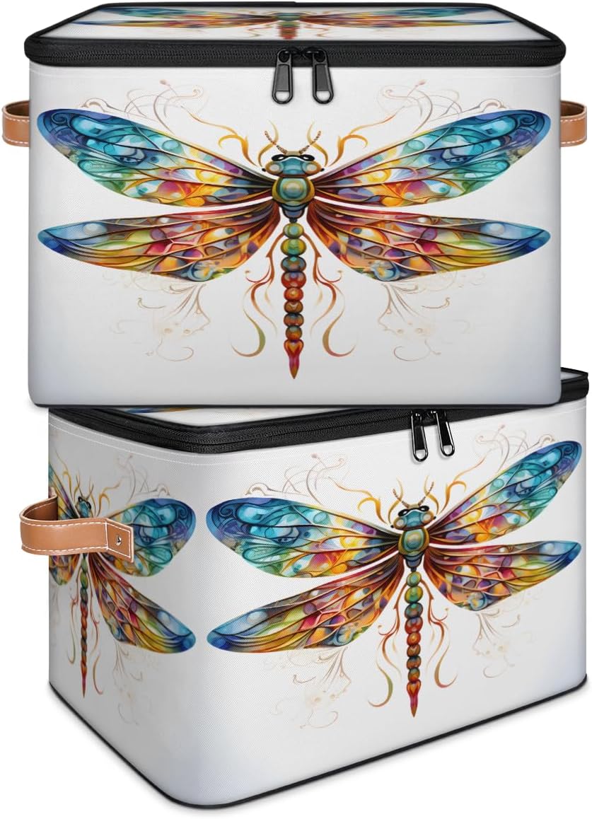 Storage Bin Set of 2 Ethnic Drangonfly Storage Basket with Zipper Lid & Handle Foldable Closet Shelf 2 Pack Cloth Organizer Basket Cube Bins Clothes Organizer for Bedroom, Nursery