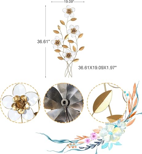 Vista 9 de Asense Decoración de pared de flores de metal de 37 pulgadas, arte de pared de flores blancas y doradas, escultura de hojas colgantes, decoración