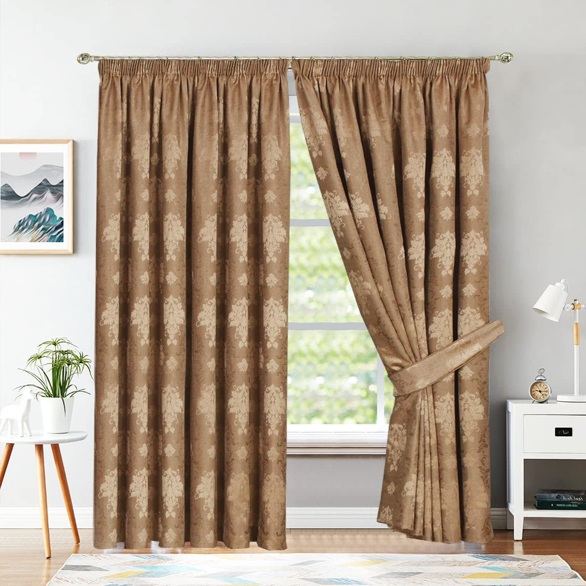 Coffee Jacquard Pencil Pleat Curtains 46 x 90 Inch - Luxury Fully Lined Window Curtains for Bedroom and Living Room - Decorative Virginia Drapes Set Of 2 Panels With Tie Backs
