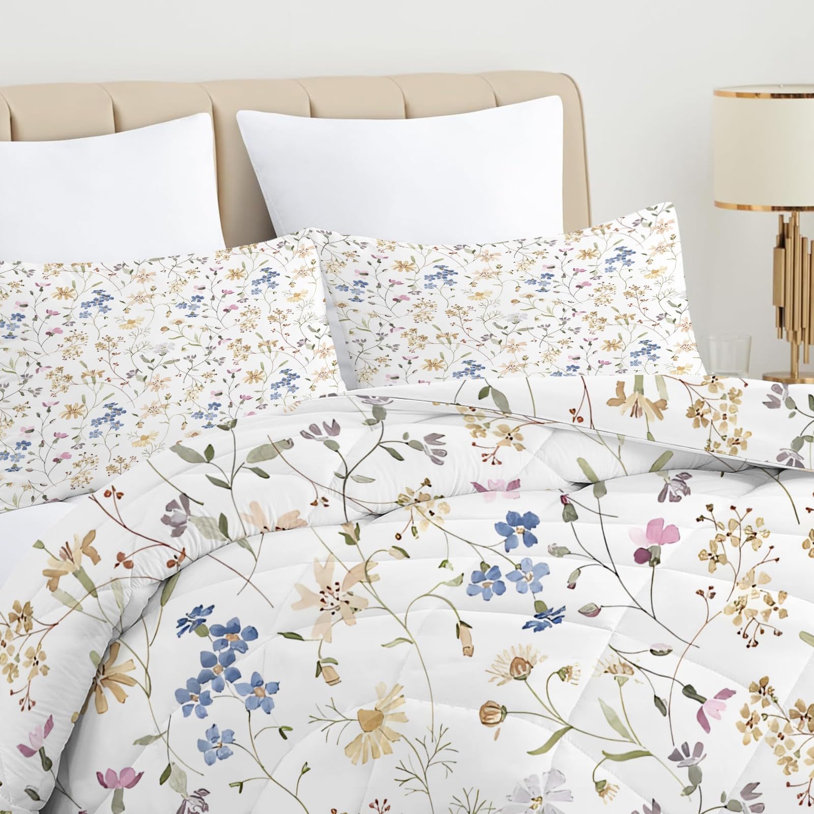 Couette Imprimée Floral D'Été 4 Saisons Blanc Sans Housse Couette 2 Personnes en Microfibre Réversible Ultra Douce Lavable en Machine