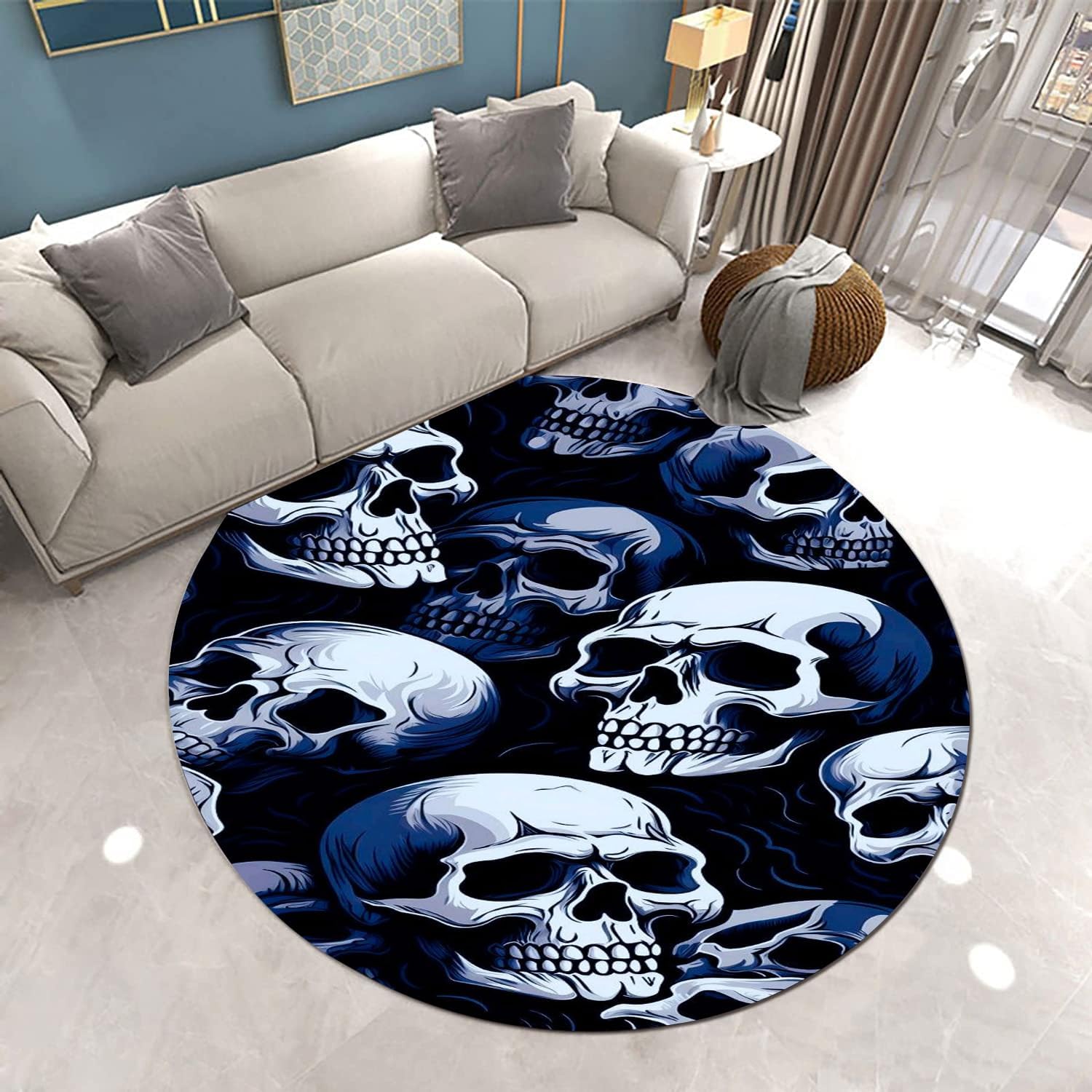 Halloween Skull Round Rug, 3ft,Skull Halloween Area Rug, Gothic Non-Slip Halloween Rugs, Soft Washable Halloween Decorative Rugs,for Kitchen Living Room Bedroom Dining Room。