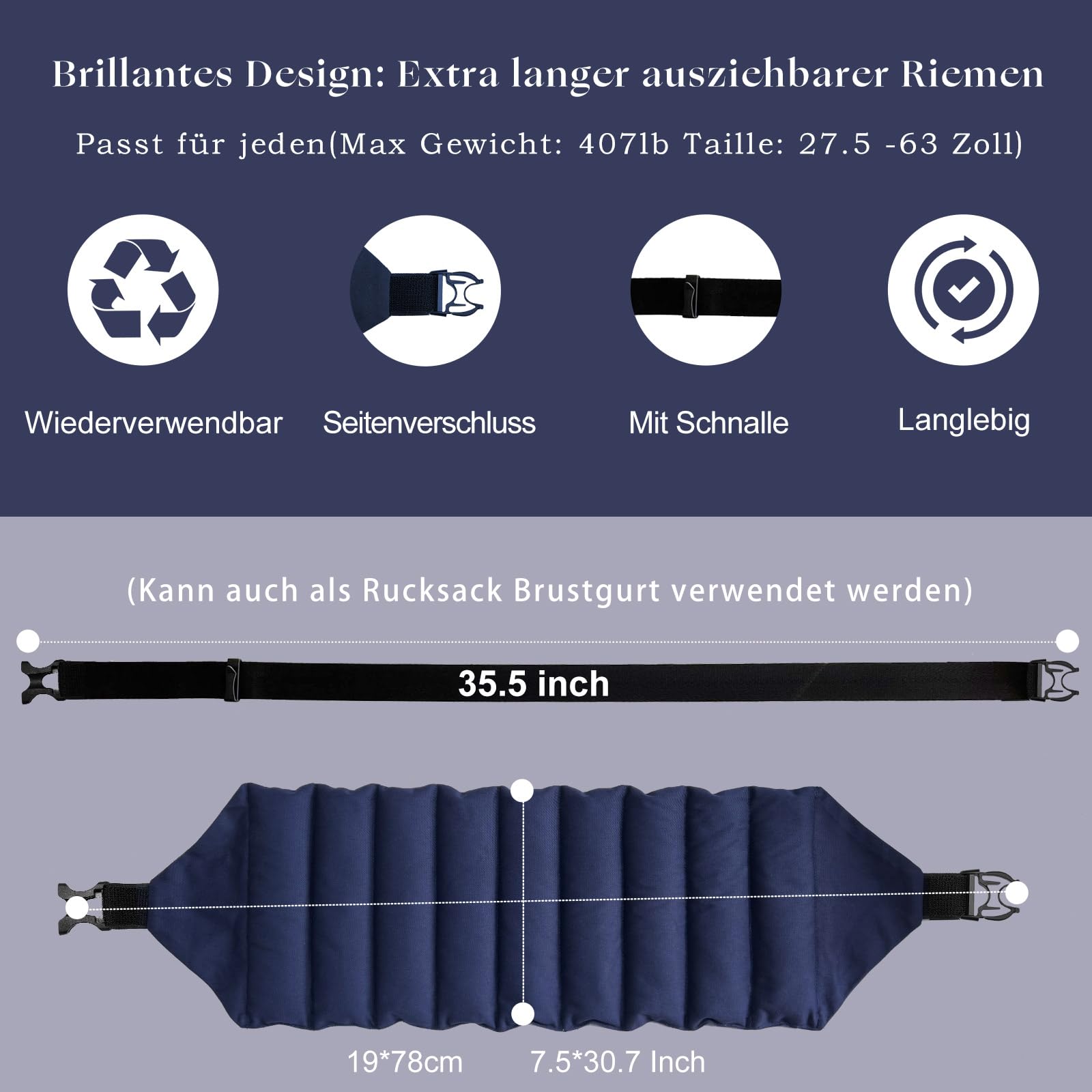 uncn Groß Kirschkernkissen mit verstellbarem Gurt, strapazierfähiges Mikrowellen-Heizkissen 19 * 78cm, Mikrowellen-Wärmekissen aus Baumwollstoff für Rücken, Nacken, Schulter